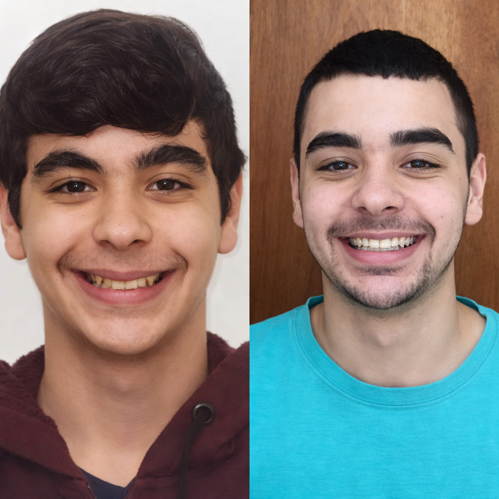 Antes e depois do jovem sorriso